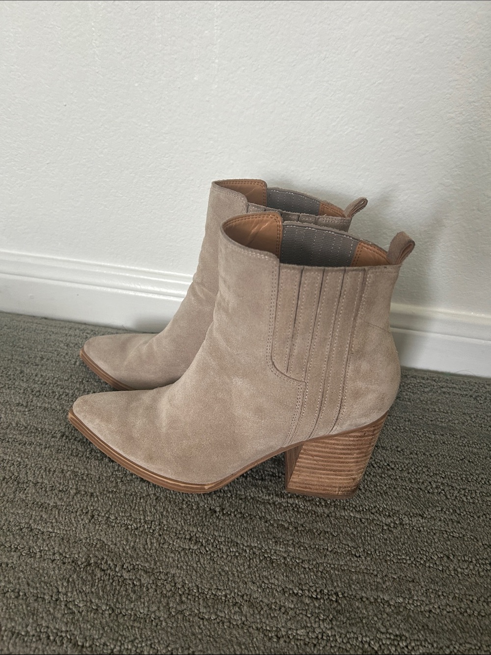 Marc Fisher Taupe Suede Stacked Heel Ankle Booties